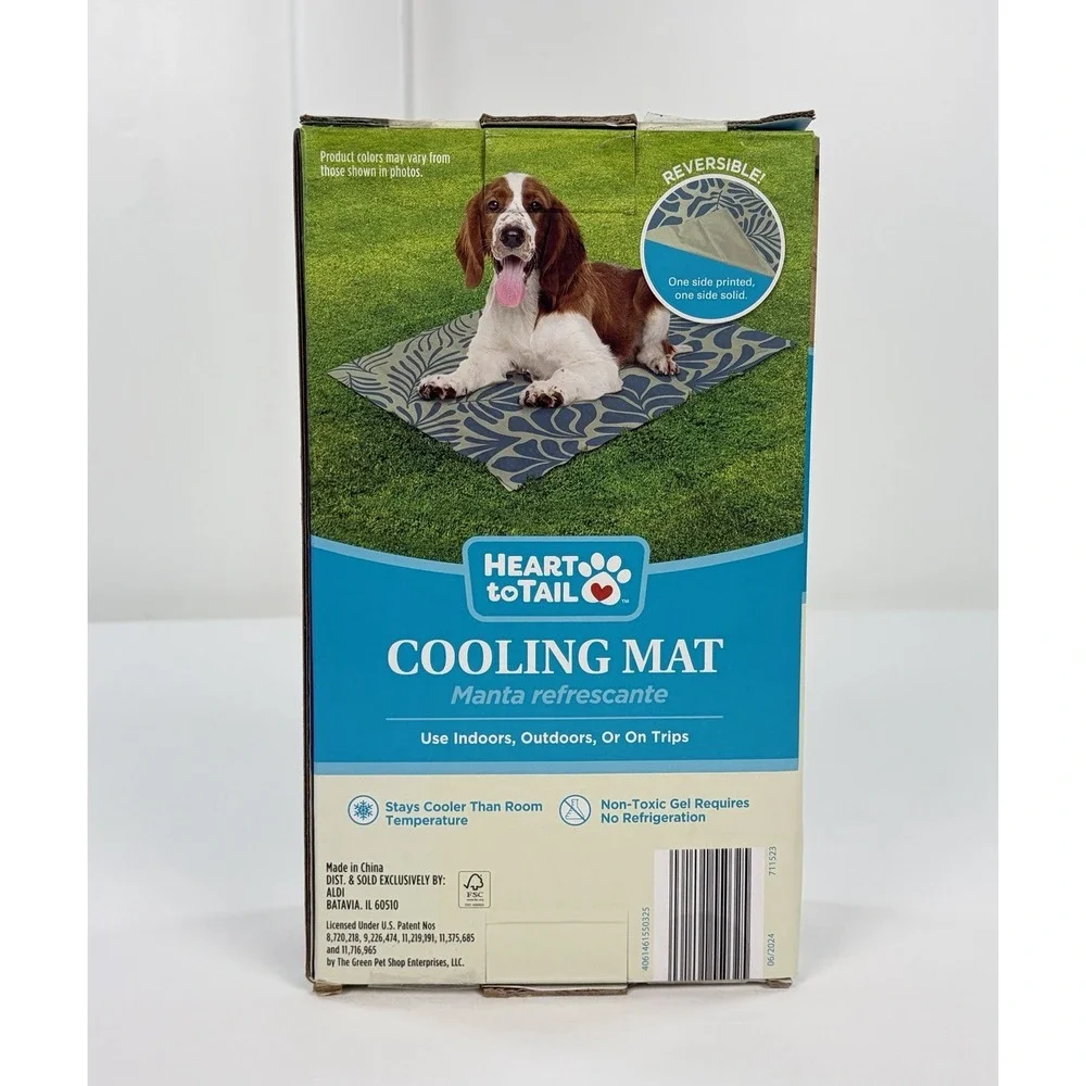 Heart to Tail Dog Cooling Mat 24x30 Reversible Blue Leaf Non-Toxic Pet Bed Pad